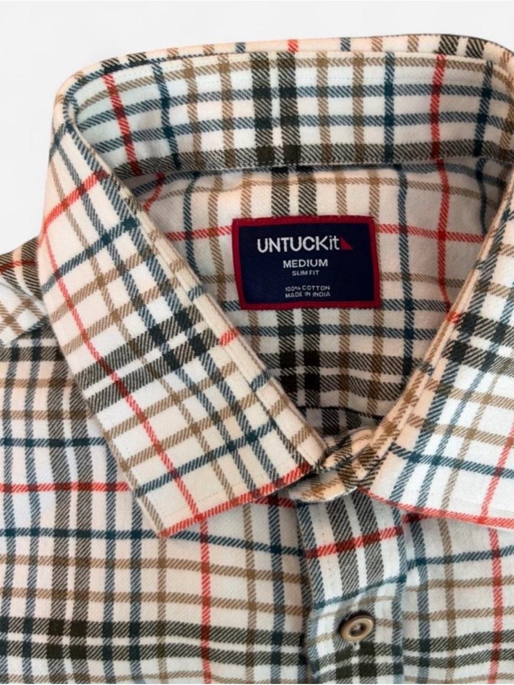 Untuckit men’s Sz. M slim-fit beige, red, black + green plaid button-up shirt